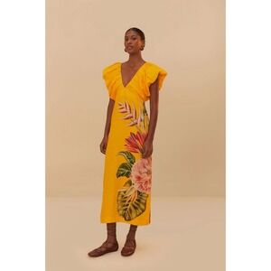 FARM Rio Yellow Floral Maxi Dress With Ruffle Shoulders Size Small